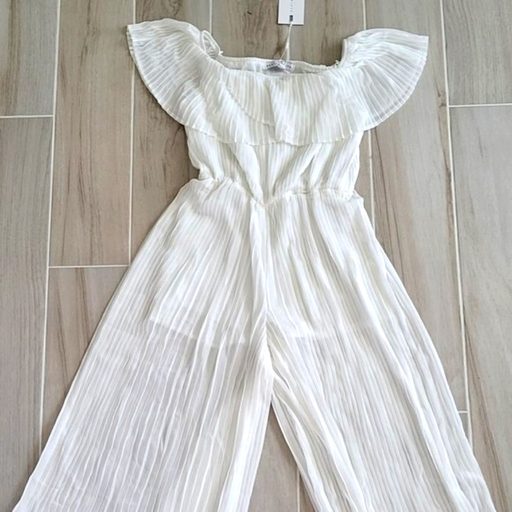 Endless Rose Pleated Chiffon Off White Jumpsuit Off shoulder Wide Leg Size S